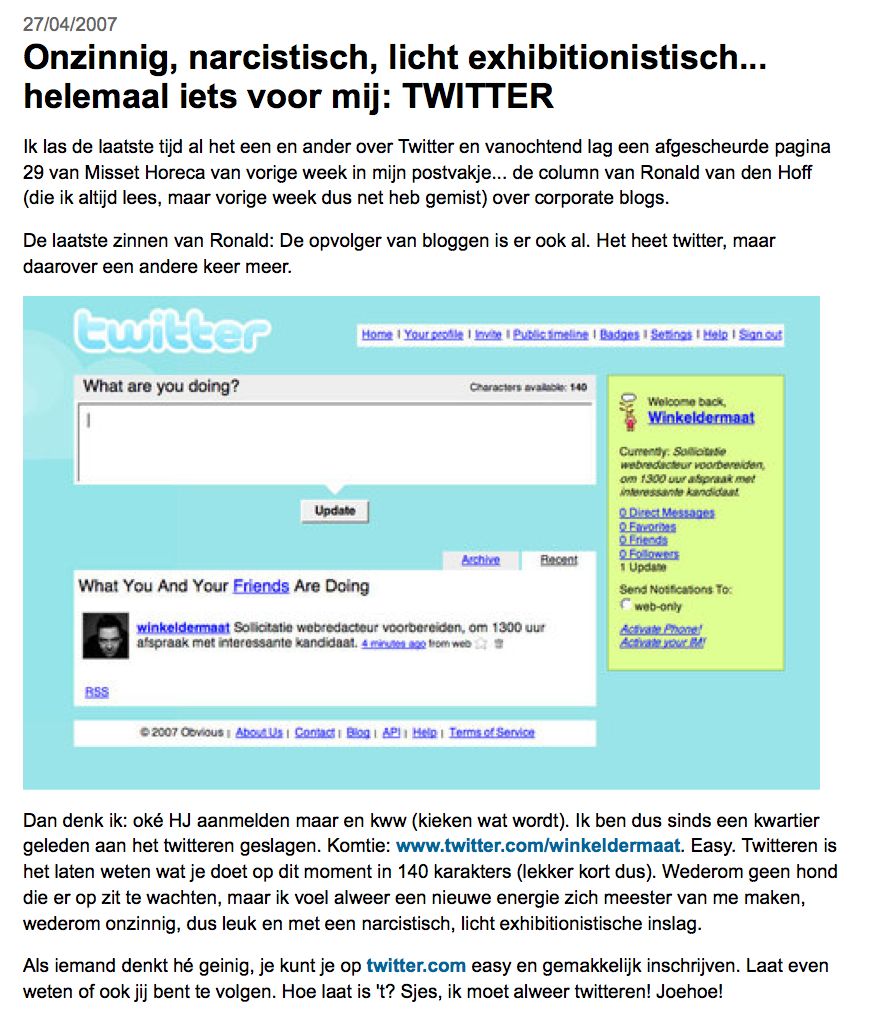 Eerste bericht over twitter